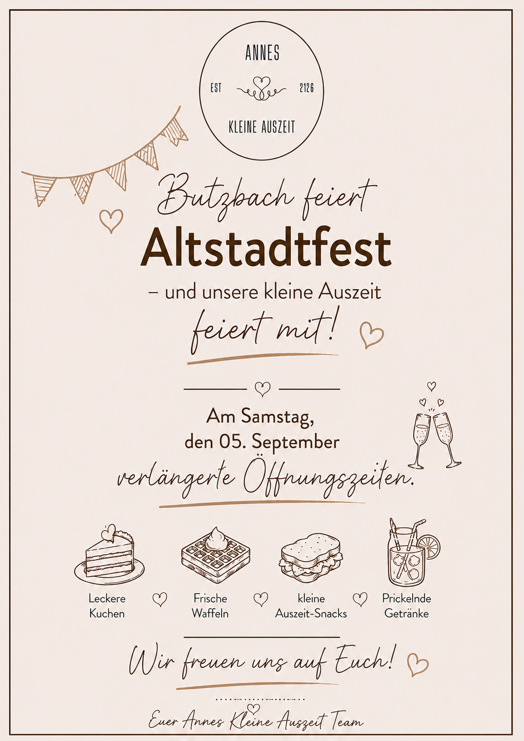 Flyer: Annes Kleine Auszeit feiert beim Butzbacher Altstadtfest 2026 mit und hat am 05. September verlängerte Öffnungszeiten.